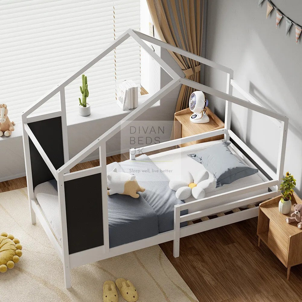 Pamina White Treehouse 3ft Single Bed Wooden with Blackboard & Canopy Kids Sleeper Pine House Low Childs