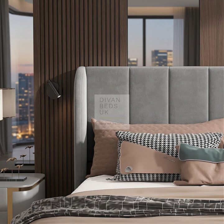 Benicio Grey Velvet Luxury Wingback Curved Upholstered Bed Frame
