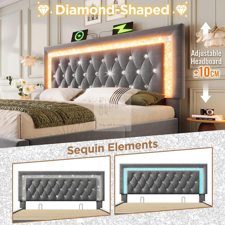 Adela Grey Velvet Diamante Crystal Bed Ottoman Storage Smart Bed with Glitter LED Lights, USB and Type-C Charging
