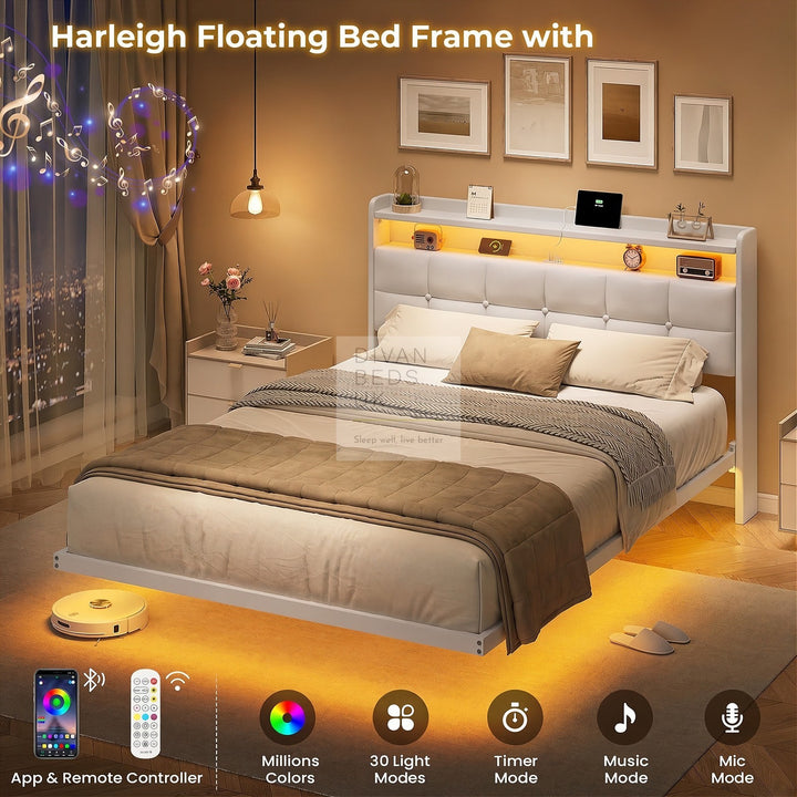 Harleigh Smart Metal Floating Bed with Off-White Padded Storage Headboard, LED Lights, Plug Sockets, USB &amp; Type C Charging Station