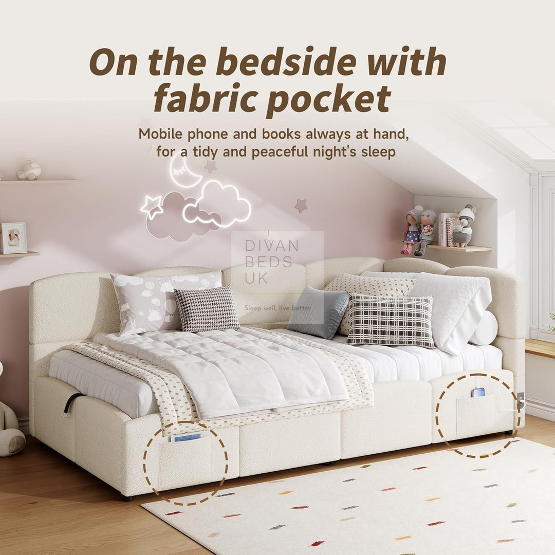 Amaia Beige Boucle Teddy Fabric Smart Ottoman Storage Daybed Sofa Bed Couch with Charging Station, USB & Type C Ports