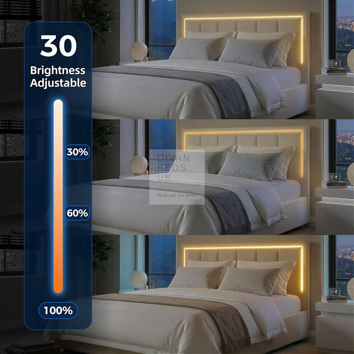 Hiley LED White Leather Ottoman Gas Lift Storage Bed Frame