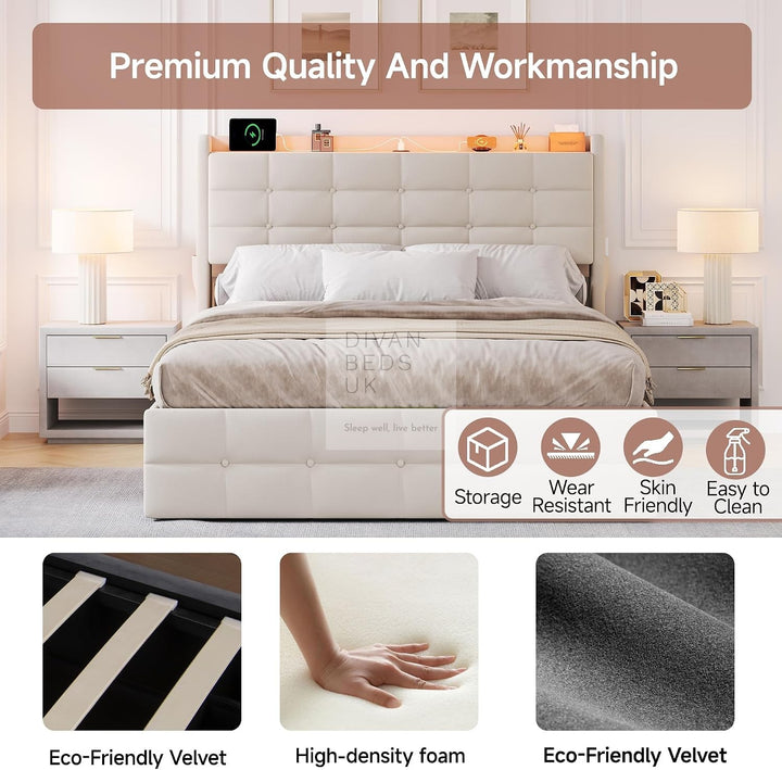 Vicente 4 Drawer Soft Beige Velvet Smart Bed with LED Lights, Type C and USB Charging Adjustable Headboard Shelf