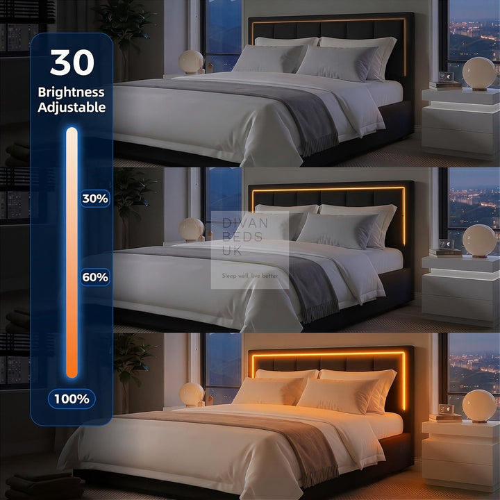 Hiley LED Black Leather Ottoman Gas Lift Storage Bed Frame