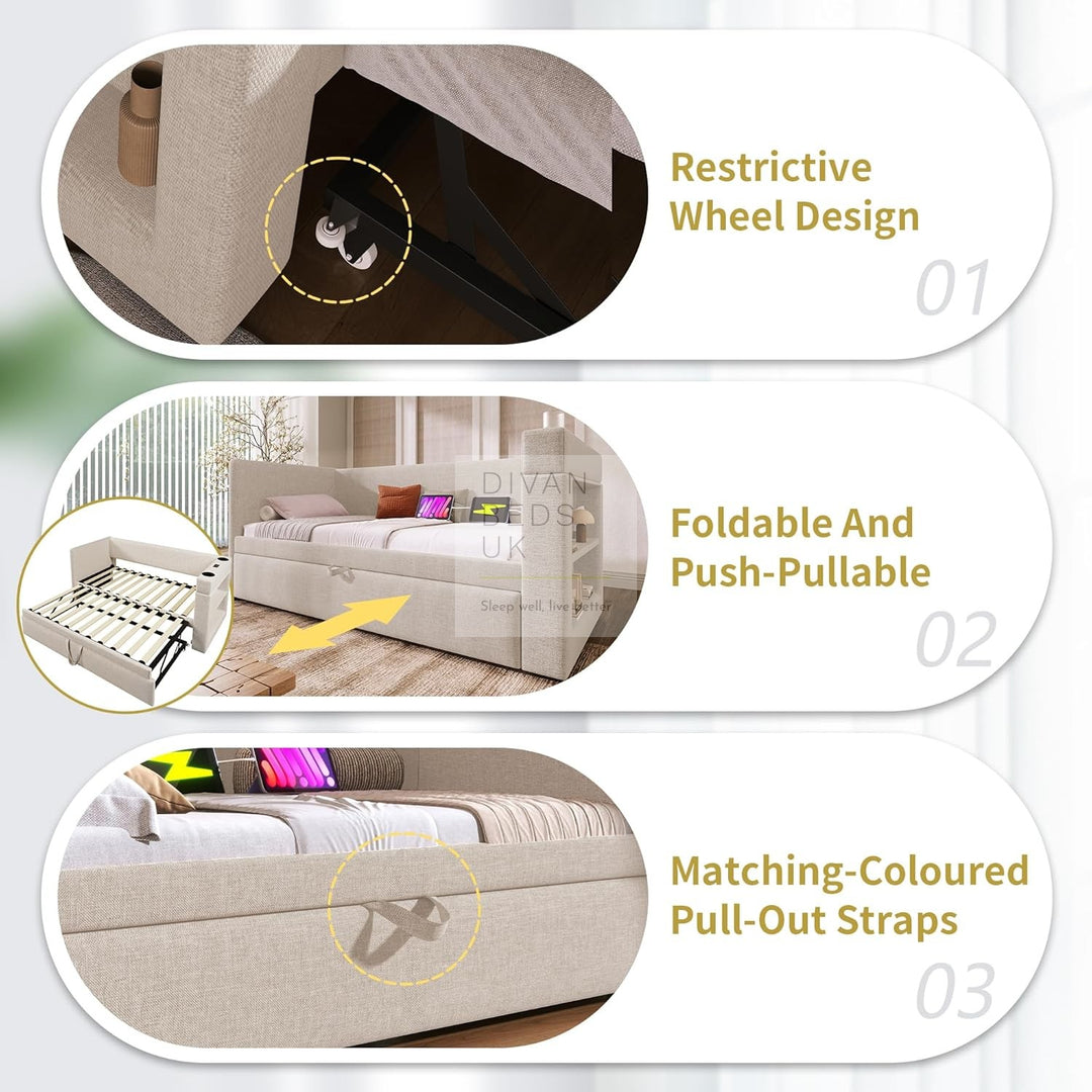 Laylani Beige Linen Smart Daybed Sofa Bed with Shelves Storage, USB & Type C Charging Station & Trundle