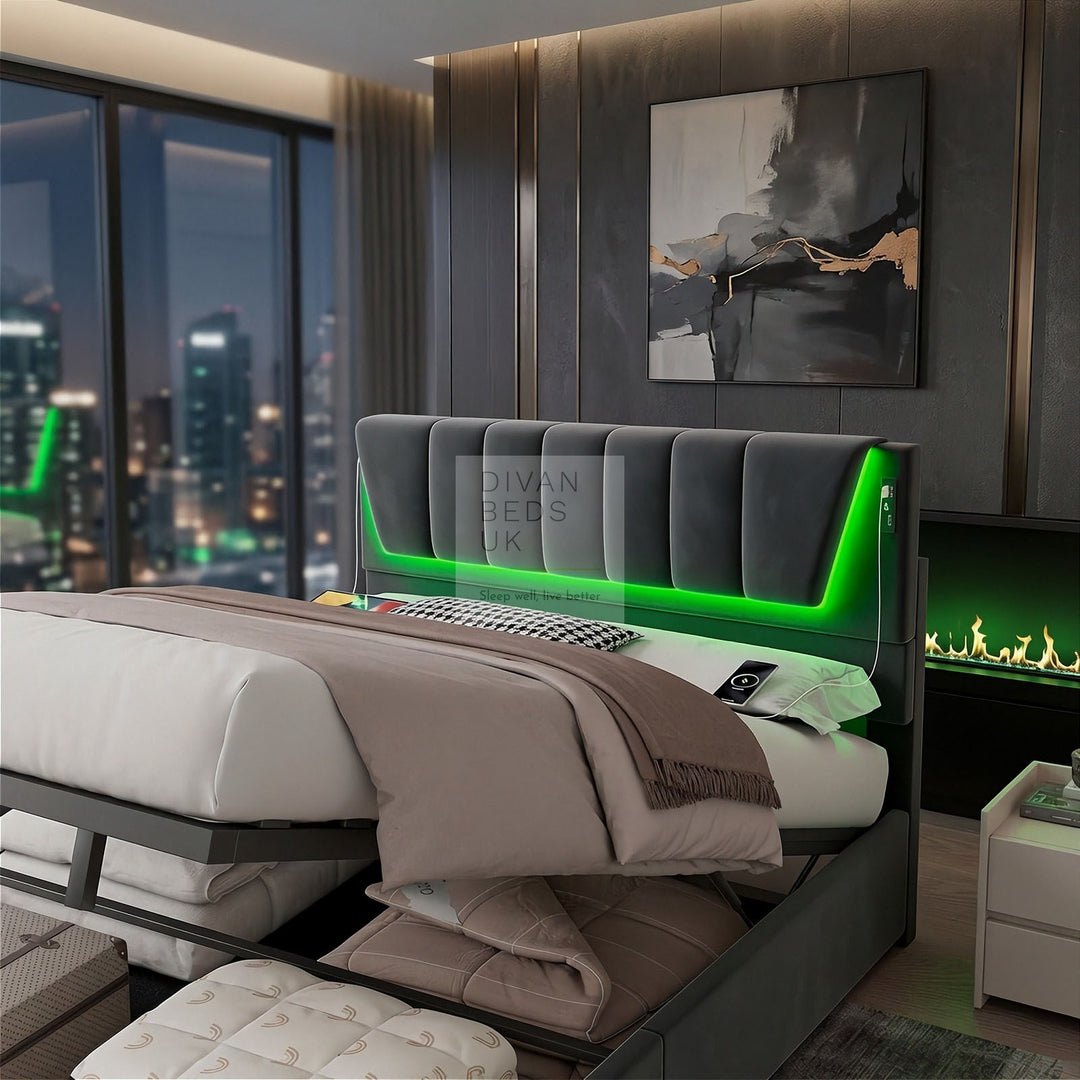 Kamari Ottoman Storage Grey Plush Velvet Smart Bed with with LED Lights, USB and Type-C Charging