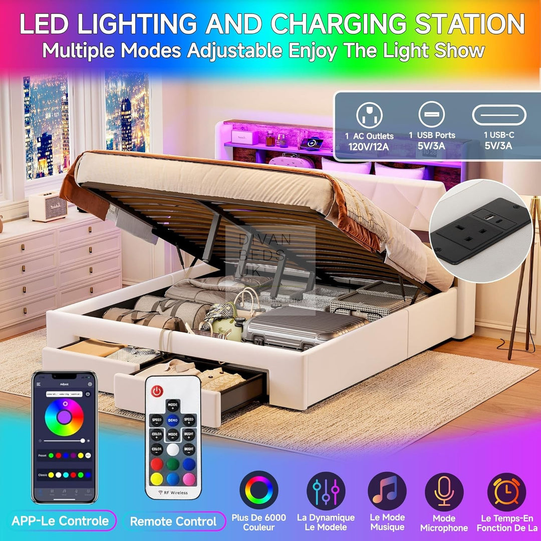 Velasquez Beige Plush Velvet Ottoman Storage Smart Bed with Type C, USB & Socket Charging Headboard Storage Shelves