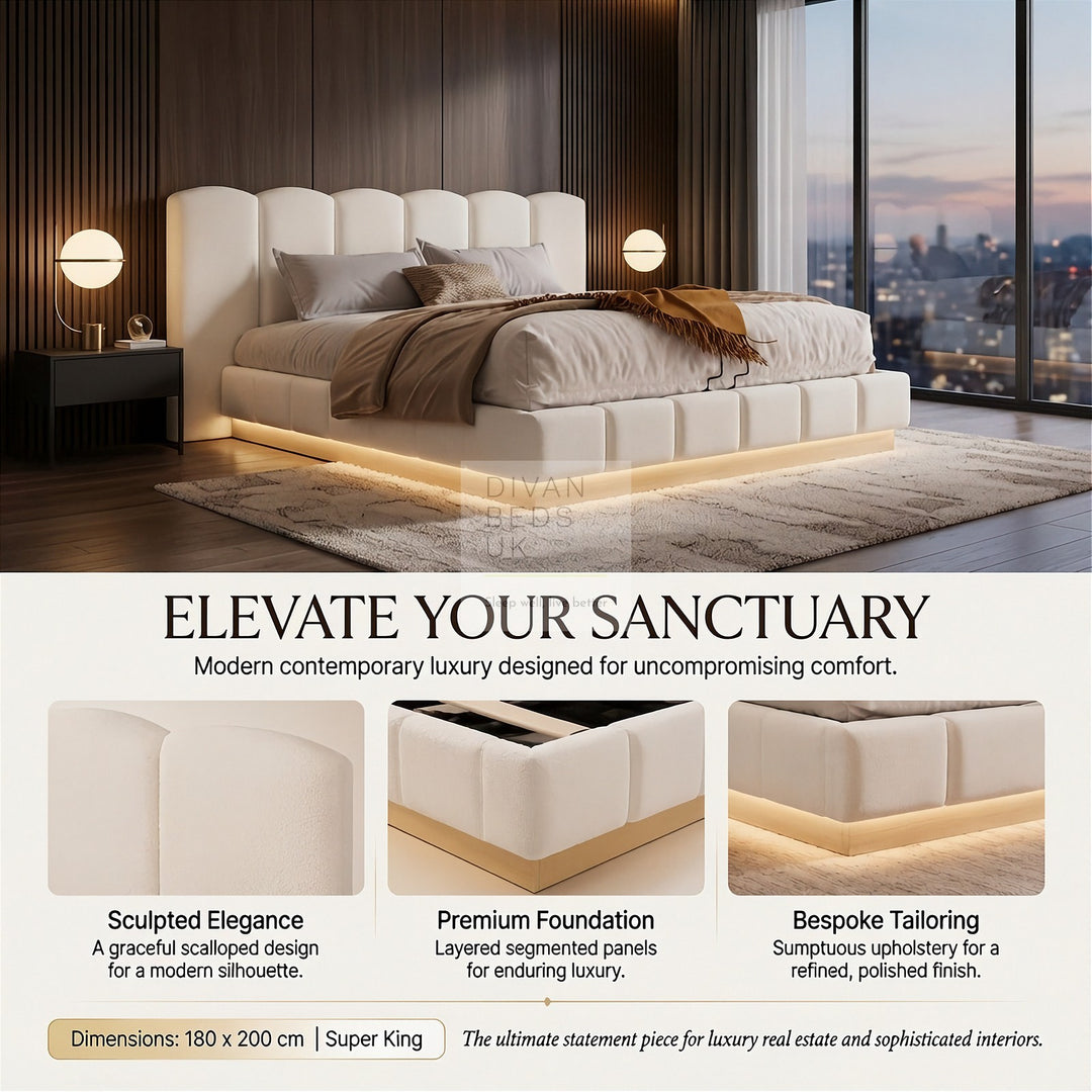 Paloma Oversized Headboard White Boucle Teddy Ottoman Storage Bed with LED Lights