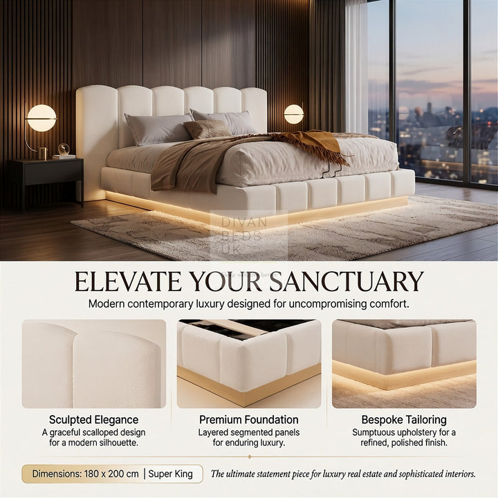 Paloma Oversized Headboard White Boucle Teddy Ottoman Storage Bed with LED Lights