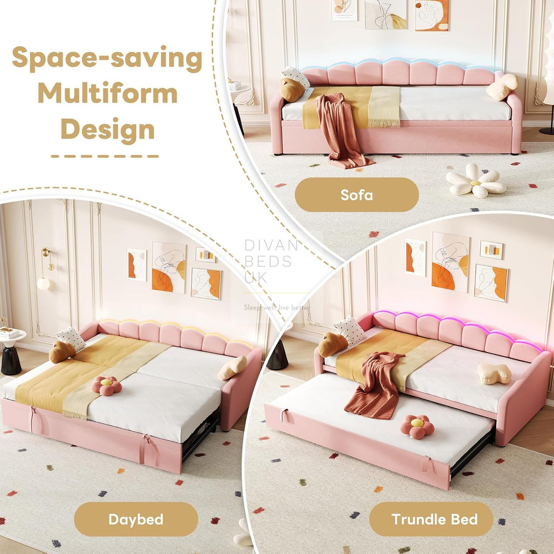 Elina Pink Plush Velvet Trundle Guest Sofa Bed with LED Lighting