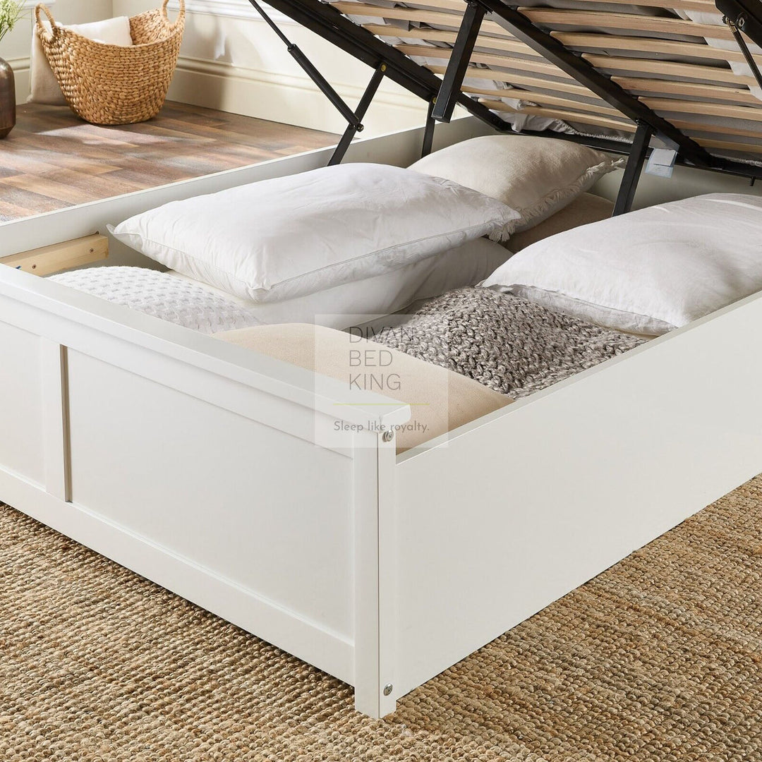 Laycroft White Wooden Ottoman Storage Bed with Headboard