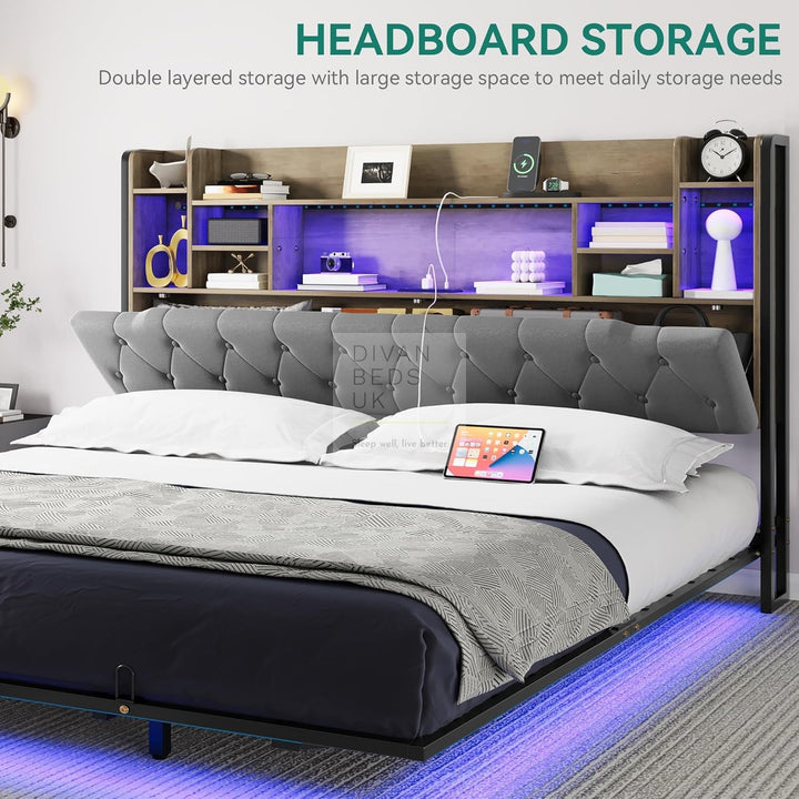 Burton Smart Metal Floating Bed Frame with Grey Padded Storage Headboard, LED Lights, USB, Type C & AC Sockets Charging Station
