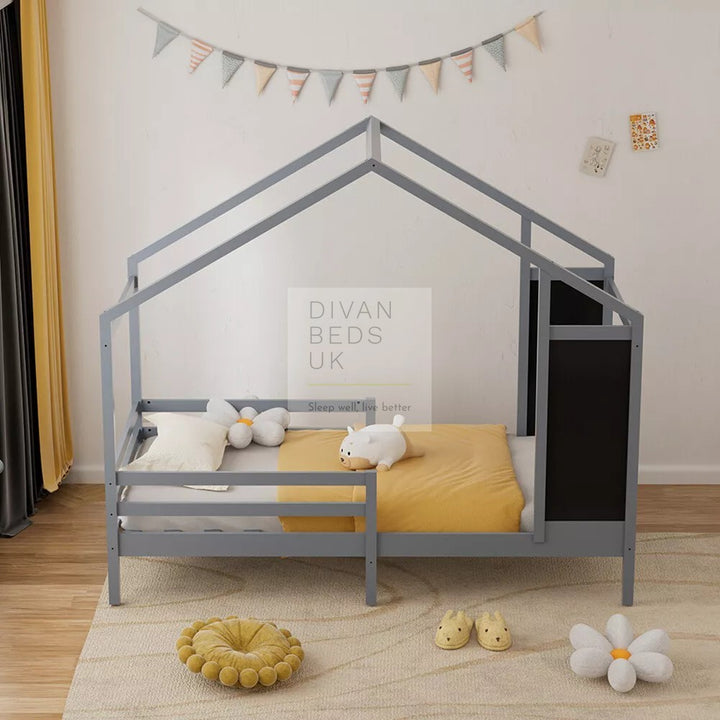 Pamina Grey Treehouse 3ft Single Bed Wooden with Blackboard & Canopy Kids Sleeper Pine House Low Childs