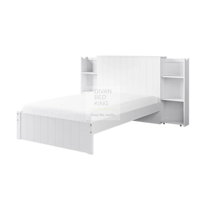 Kira White Storage Wooden Bed with Pull-out Shelves Either Side of Headboard