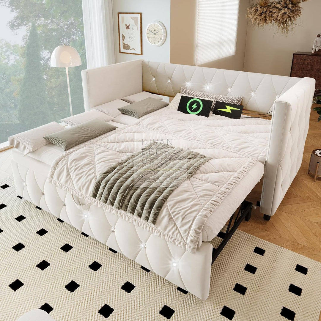 Taranto Beige Velvet Diamante Crystal Smart Daybed Sofa Bed Couch with Trundle, Charging Station, USB & Type C Ports