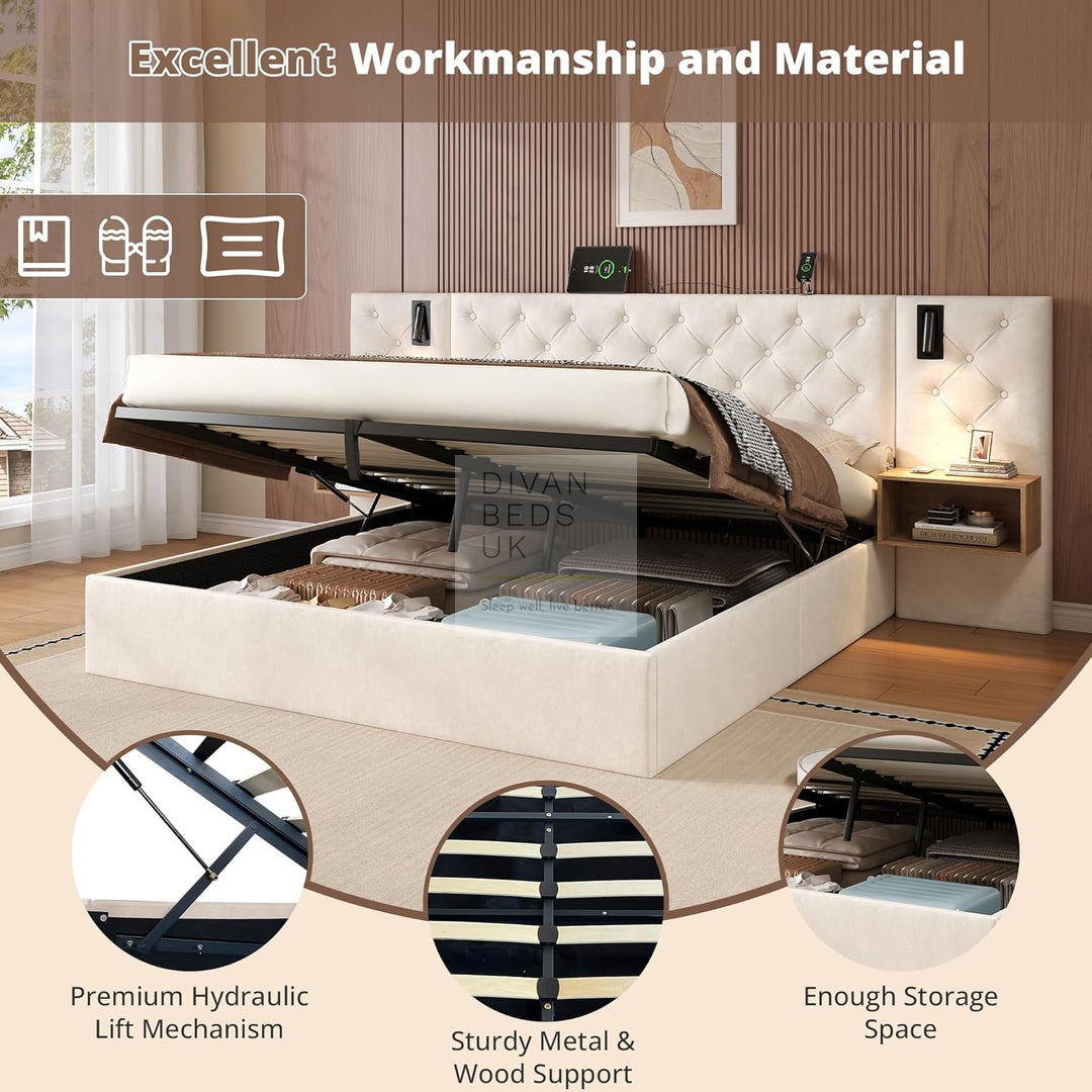 Arellano Beige Velvet Oversized Headboard Ottoman Storage Bed with Integrated Bedside Shelves, Power Outlets, USB & Type C Ports