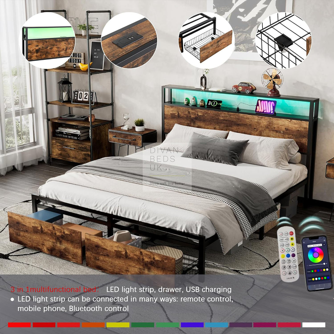 Henry Metal Divan Bed with End Drawers with Smart LED Lights, USB & Type-C Charging Station