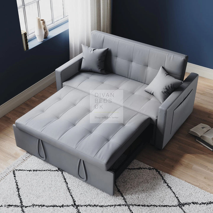 Santana Light Grey Leather Daybed Sofa Bed Couch with Sidepockets & 2 Matching Pillows