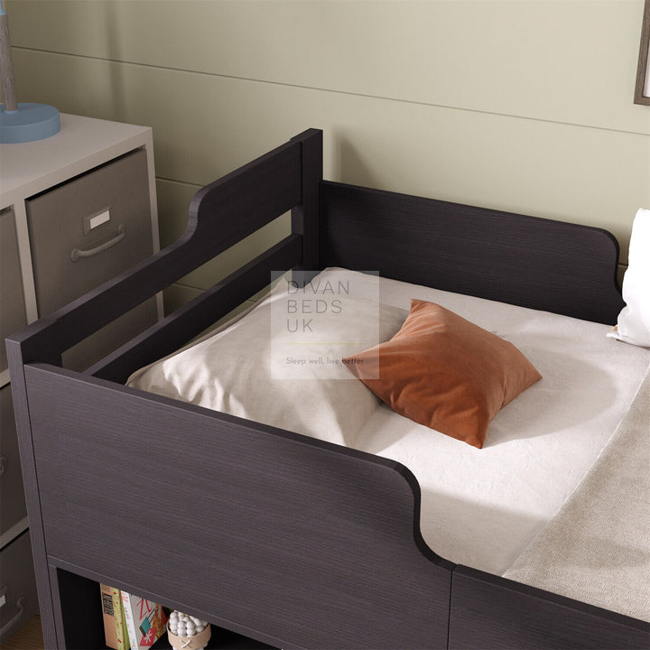Zenda Black Wooden Cabin Mid Sleeper Bed Storage with Drawers and Shelves