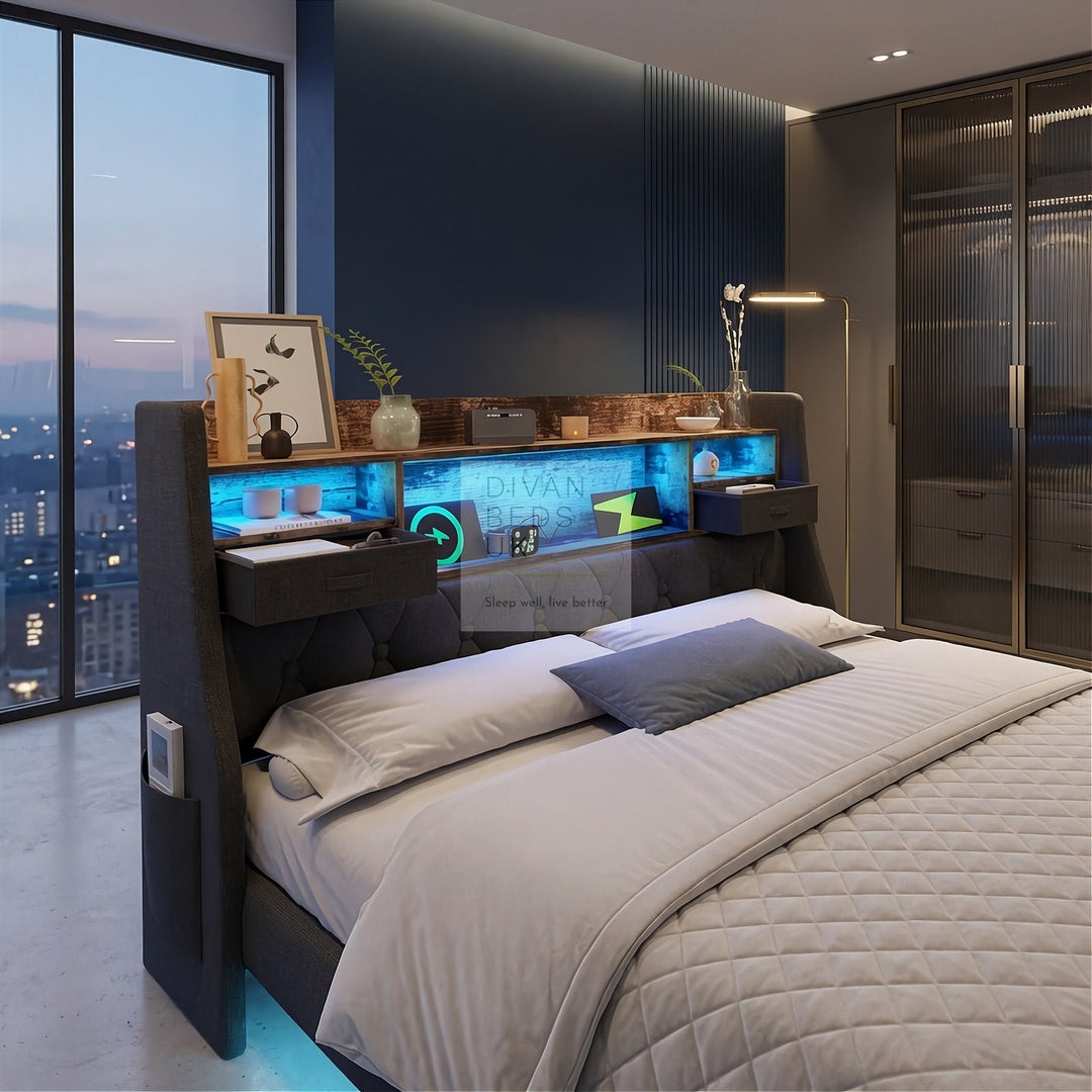 Burton Smart Metal Floating Linen Bed Frame with Grey Padded Storage Headboard, LED Lights, USB, Type C Charging Station
