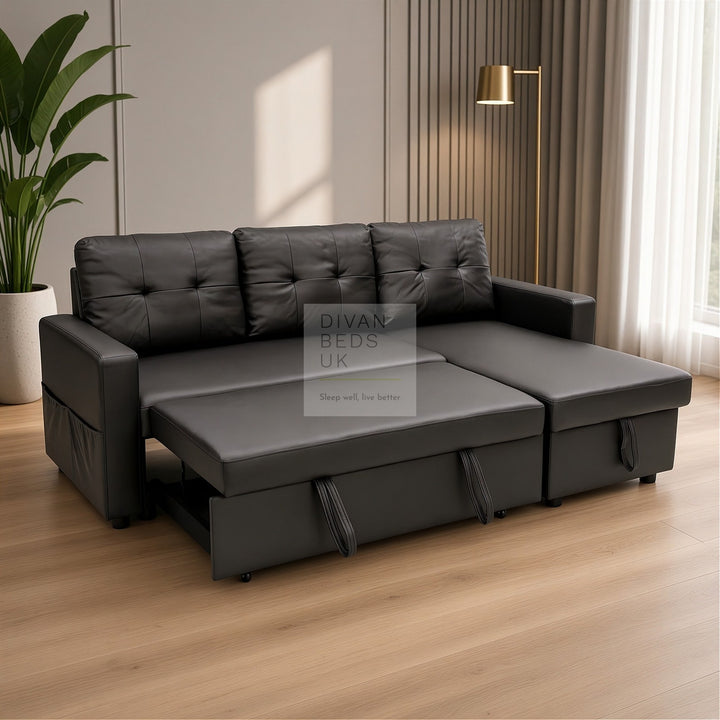 Sarai Black Leather 4 Seater Ottoman Storage Corner L Shape Sofa Bed with Pull-Out Trundle
