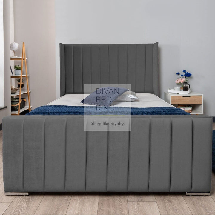 Leonilda Dark Grey Velvet Wingback Ottoman Storage Bed Frame