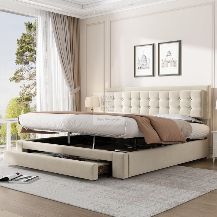 Palmiro Cream Beige Plush Velvet Ottoman Storage Bed with Large Drawer and Adjustable Headboard