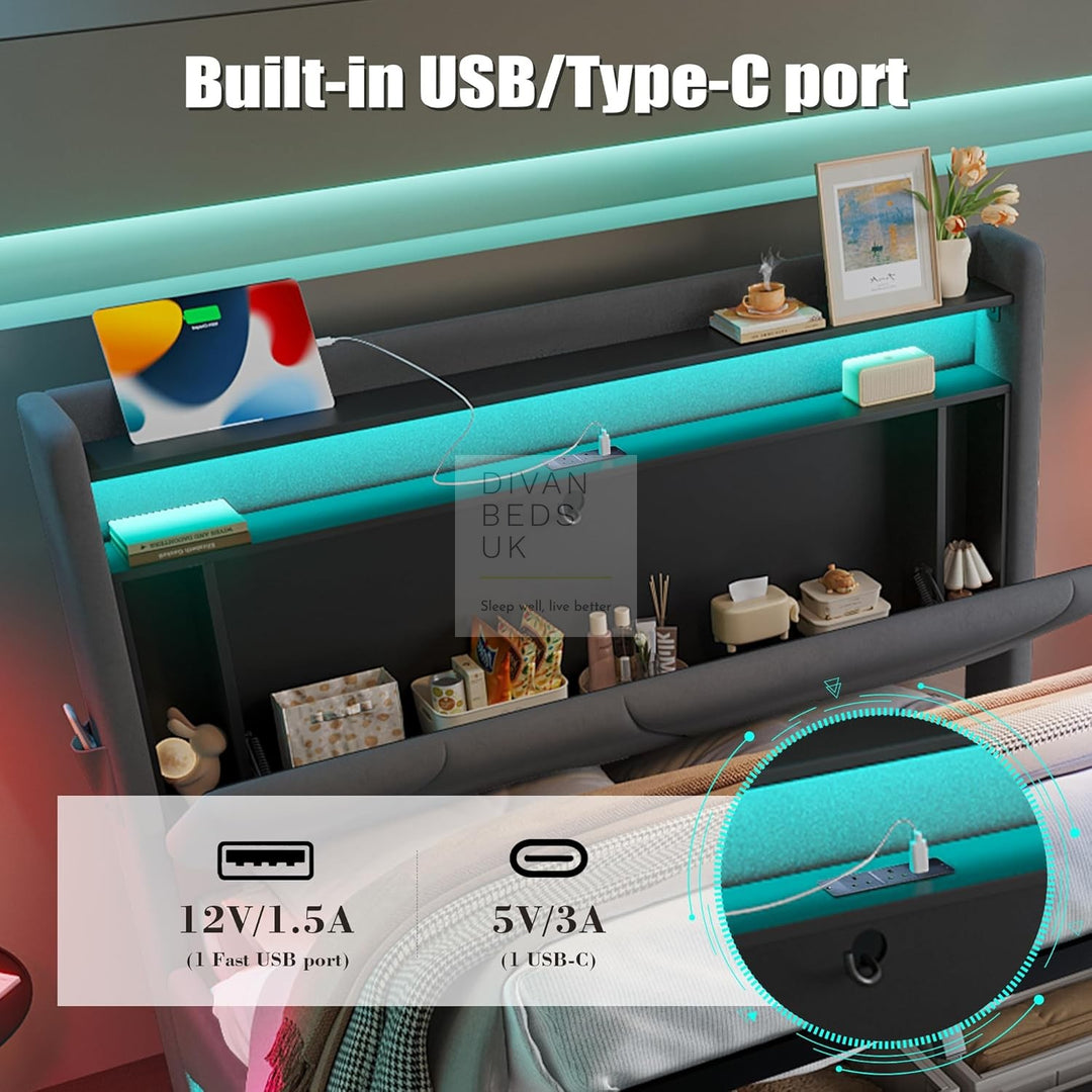 Aviana Wave LED Grey Velvet Ottoman Storage Bed Frame with USB Type C Charging Station on Headboard Storage Shelf