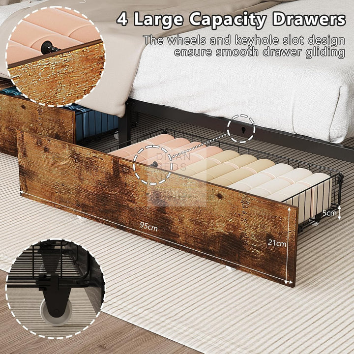 Henry Metal Wooden Hybrid Brown Bed with 4 Drawers with Headboard, LED Reading Lights, Sockets, USB, Type C Charging