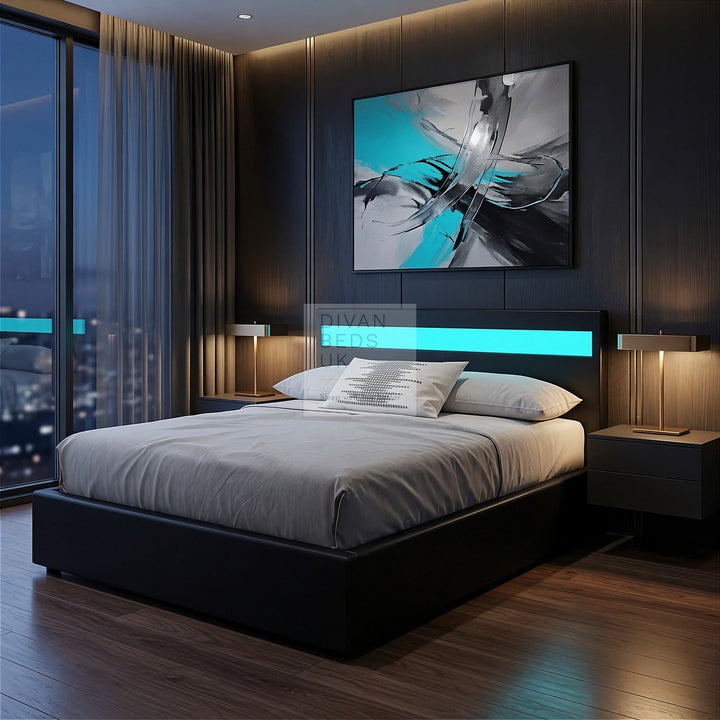 Pia Black Leather LED Ottoman Gas Lift Storage Bed