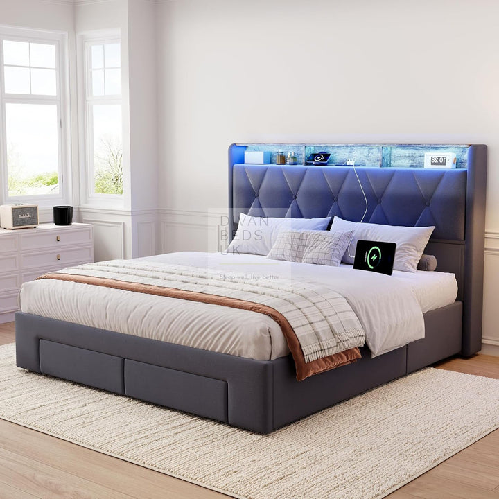 Velasquez Grey Plush Velvet Ottoman Storage Smart Bed with Type C, USB & Socket Charging Headboard Storage Shelves