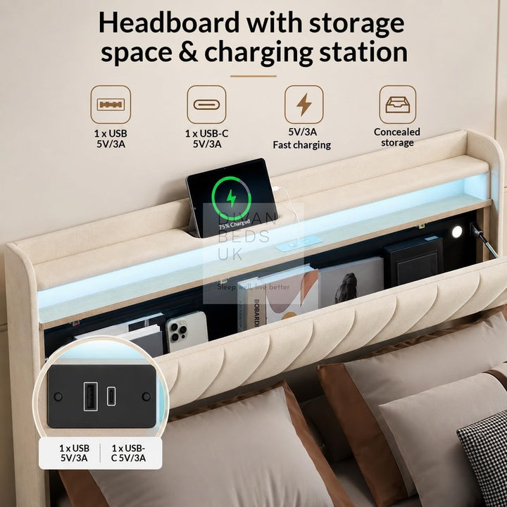 Kairi LED Beige Velvet Ottoman Storage Smart Bed with USB Type C Charging Station on Headboard Storage Shelf