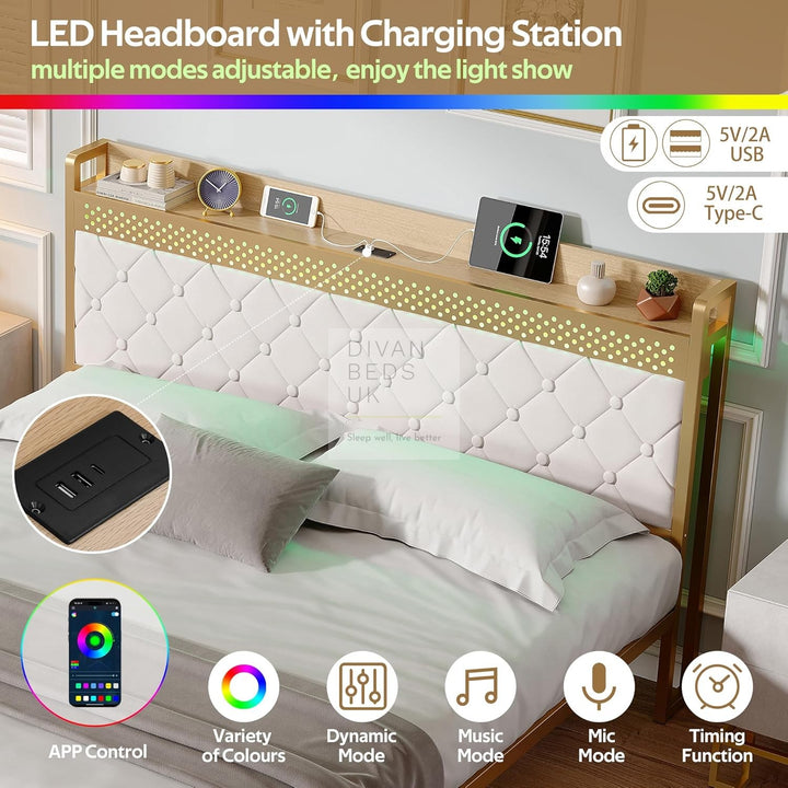 Arellano Winged Biege Velvet LED Metal Smart Bed with 2 Drawers USB, Type-C Charging Storage Headboard Shelf