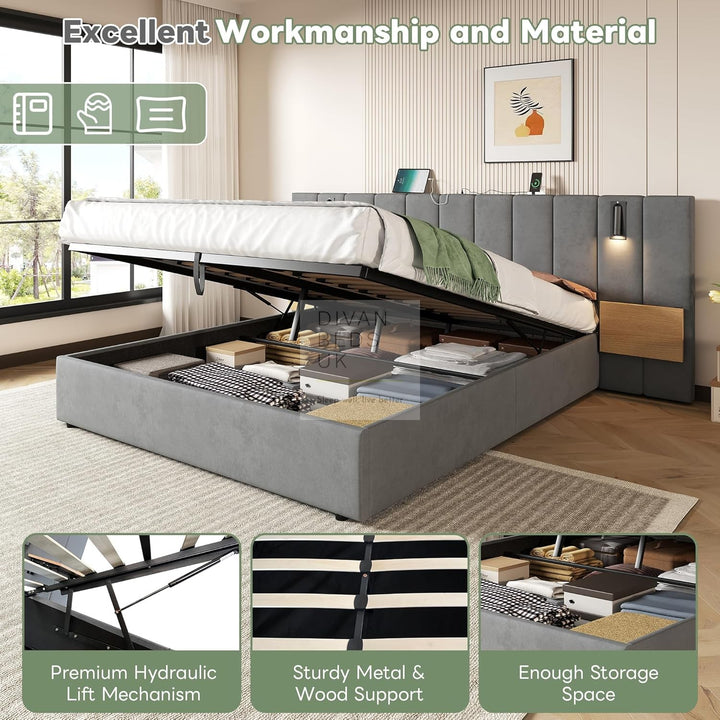 Allegra Oversized Headboard Grey Ottoman Storage Bed with Integrated Bedside Shelves, Power Outlets, USB & Type C Ports