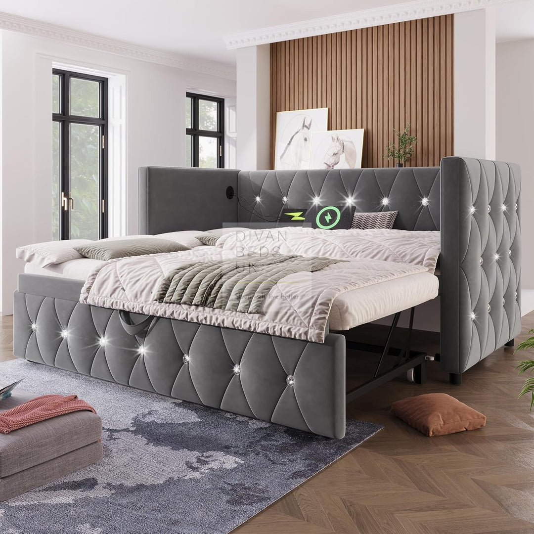 Taranto Grey Velvet Diamante Crystal Smart Daybed Sofa Bed Couch with Trundle, Charging Station, USB & Type C Ports