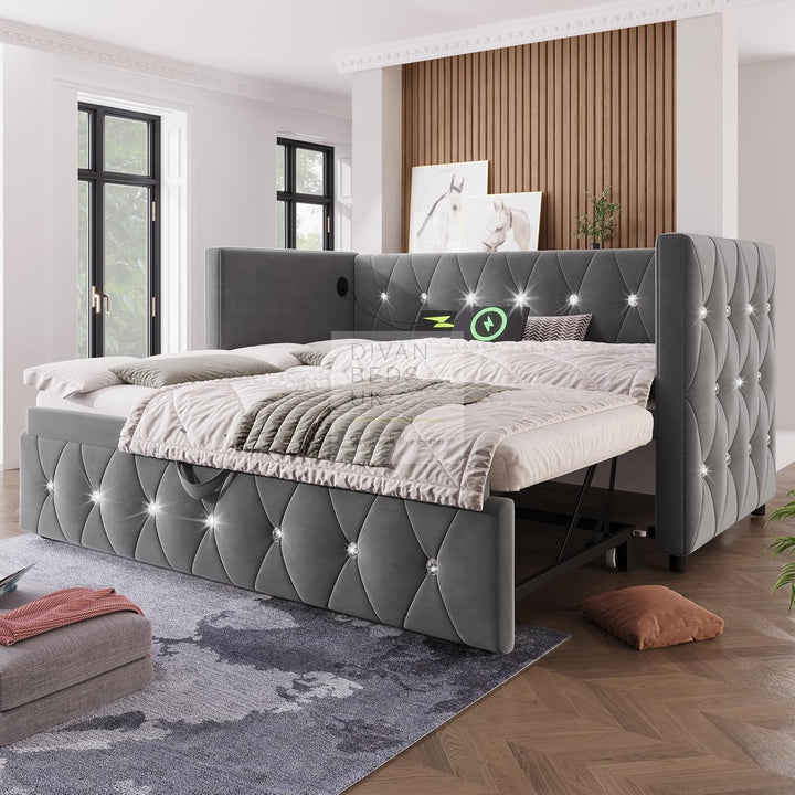 Taranto Grey Velvet Diamante Crystal Smart Daybed Sofa Bed Couch with Trundle, Charging Station, USB & Type C Ports