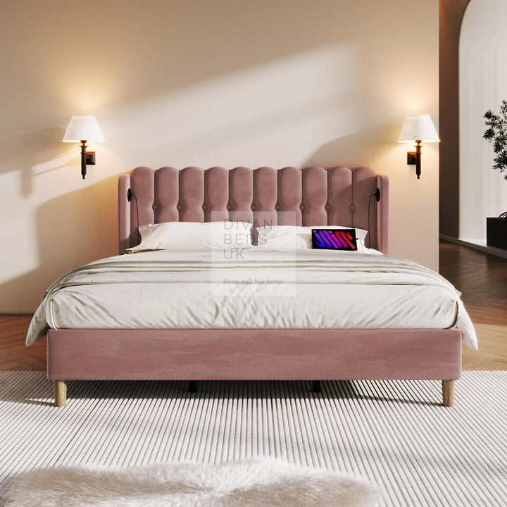 Calabria Wingback Pink Velvet Smart Bed with USB & Type-C Charging Stations on Both Sides