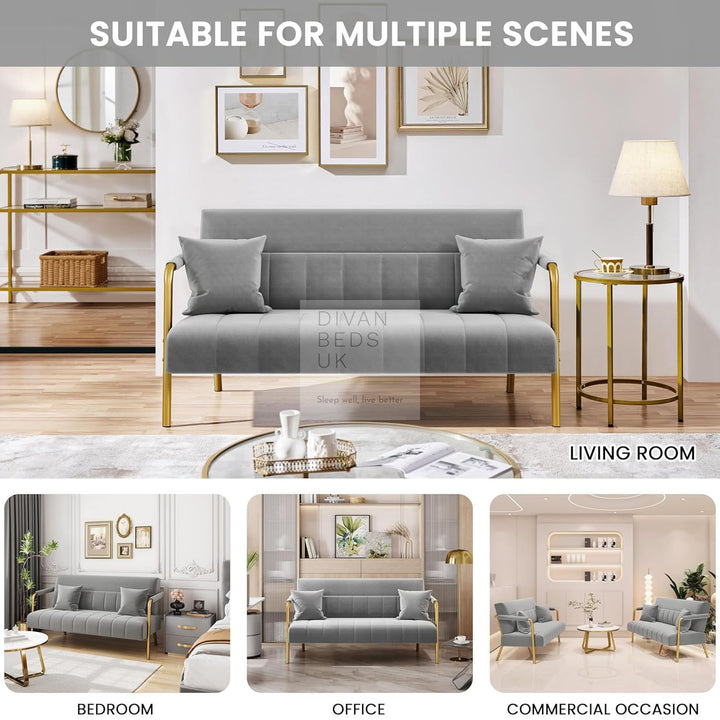 Parisa Grey Velvet Velour 2 Seater Sofa with Gold Metal Legs