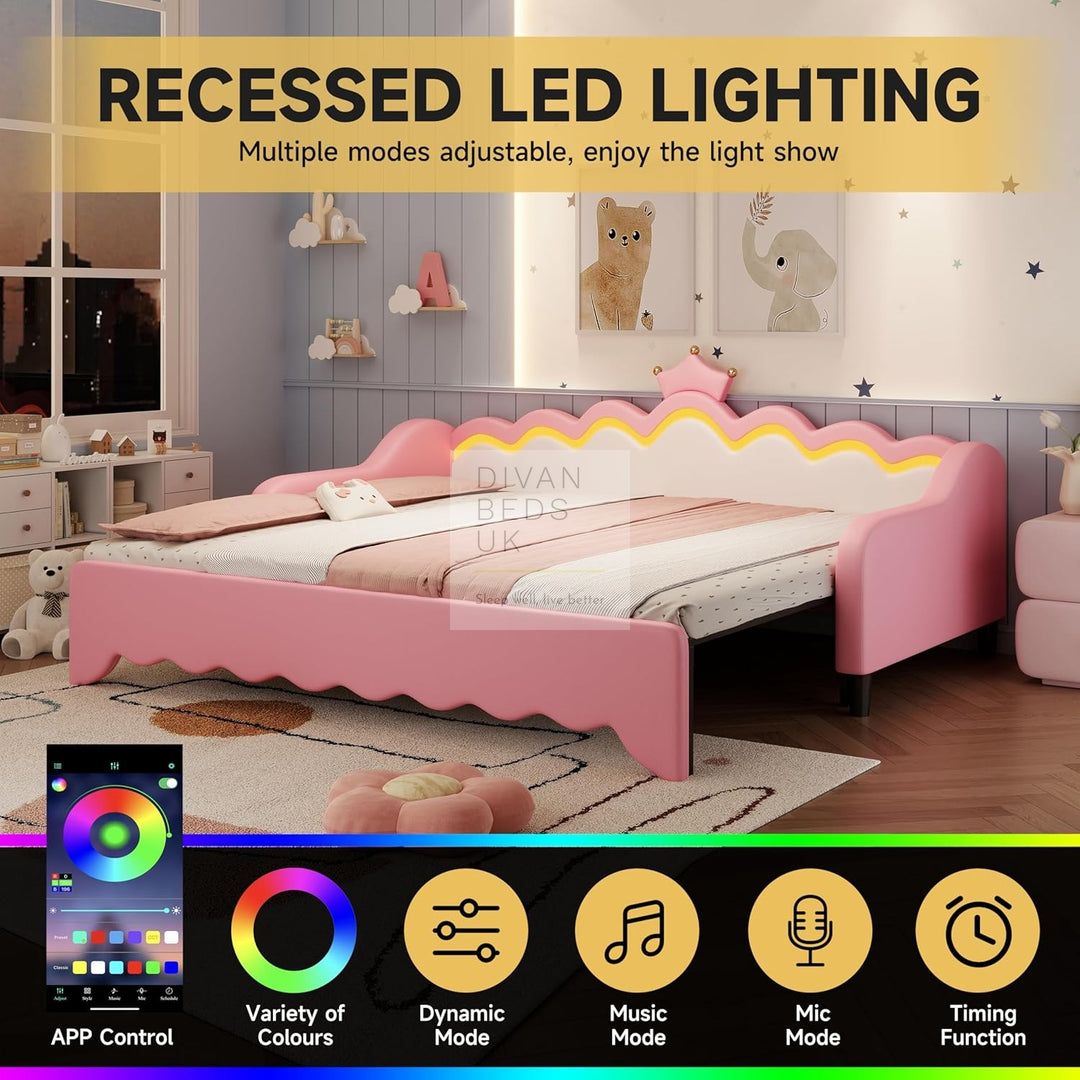 Vivian Pink Leather Girls Smart Sofa Bed with LED Lights & Trundle Daybed Couch