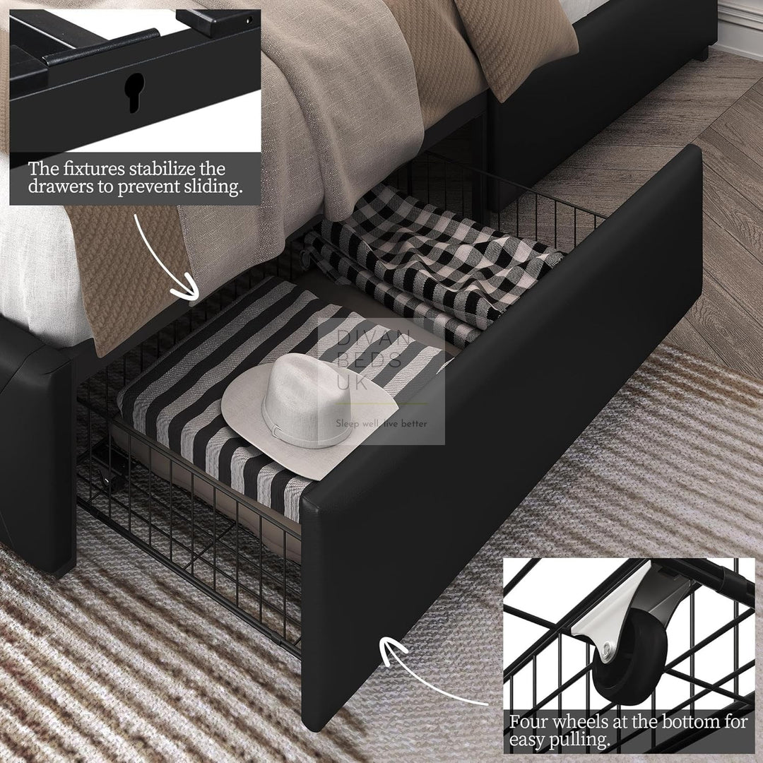 Emma Black Leather 2 Drawer Buttoned Bed Frame