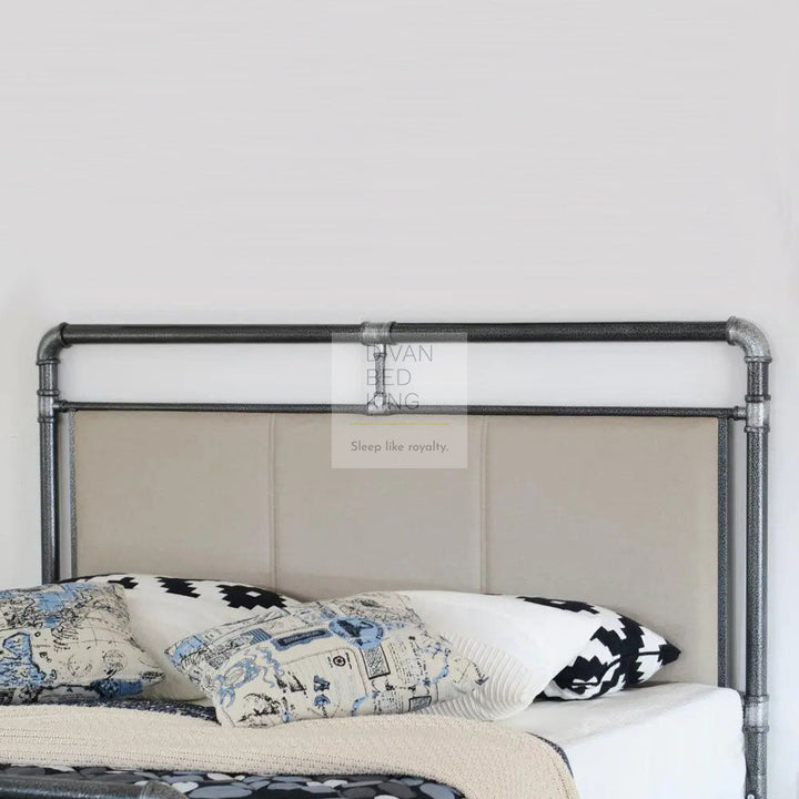 Majesty Grey Scaffold Industrial Metal Bed Frame with Padded Beige Headboard