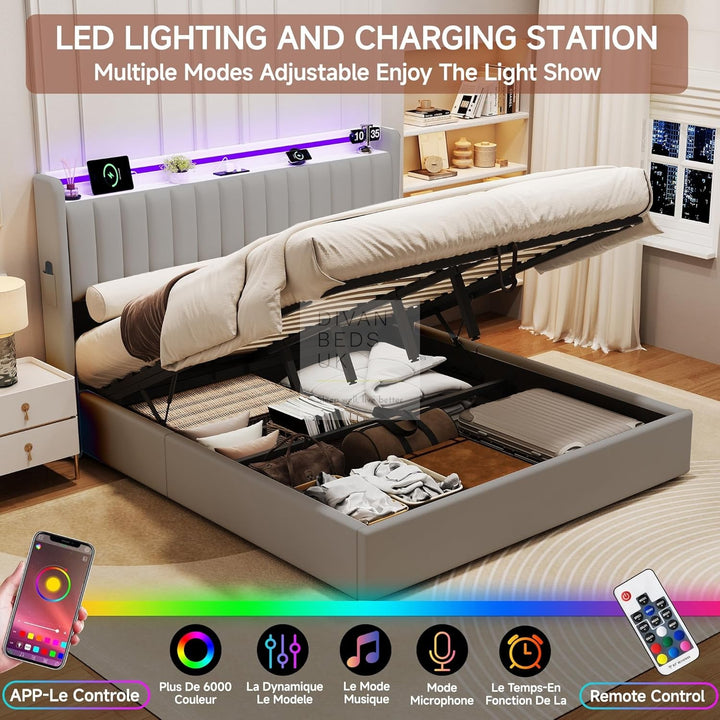 Mauricio Grey Leather Ottoman Smart Bed with LED Headboard Storage Charging Station, Socket, USB and Type C Port