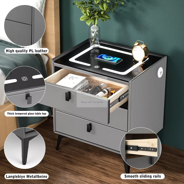 Elara Grey 3 Drawer Smart LED Bedside Table with USB, Type C and Wireless Charging