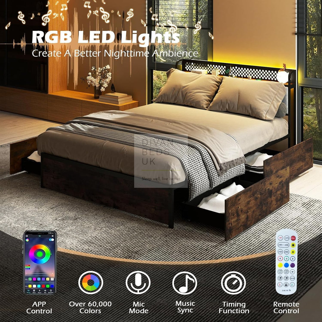 Henry Maldonado Metal Grey Linen Bed with 4 Drawers with Smart LED Lights, Power Outlets & USB Ports