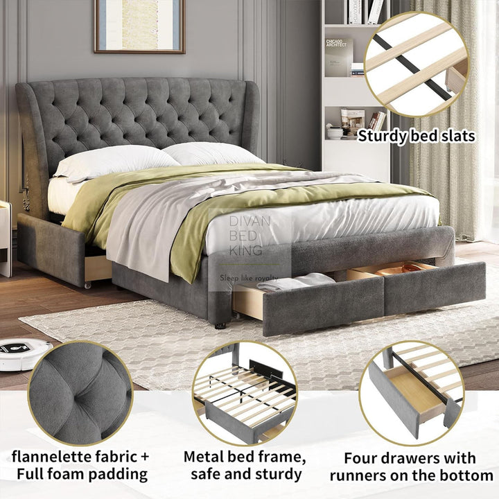 Cipriana Soft Grey Velour Upholstered Wingback Bed with 4 Drawers