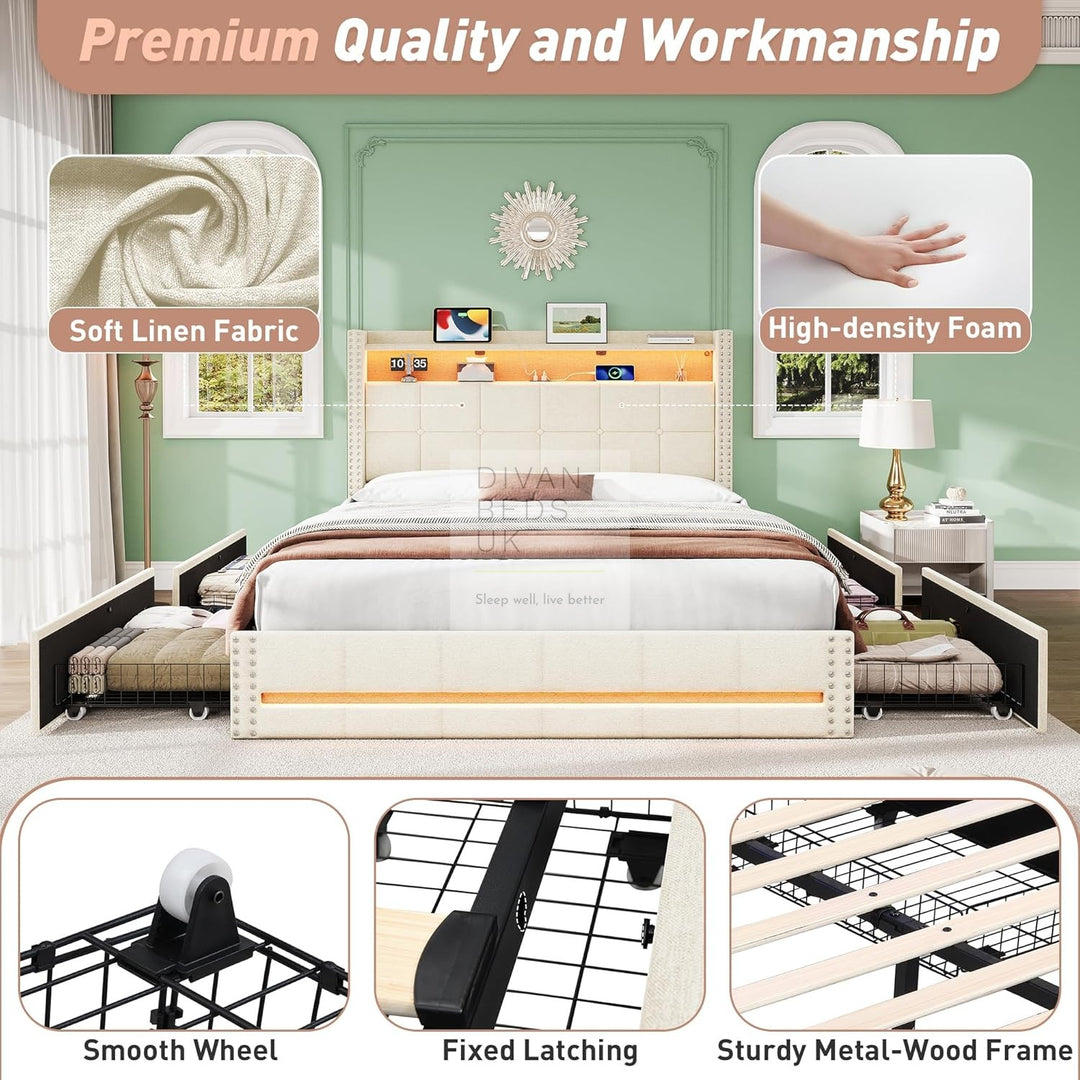 Modena Beige Linen Smart Wingback Bed with 4 Drawer Storage with Charging Station USB Type C on Headboard Storage Shelf