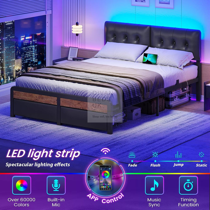 Julius Black Leather 2 Drawer Storage Smart Bed with LED Lighting, USB and Type-C harging