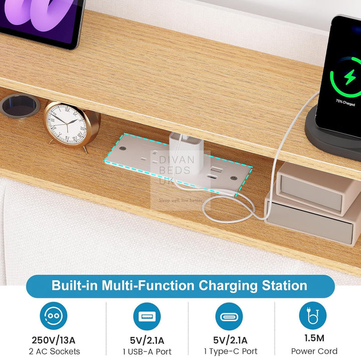 Houston Smart Metal Floating Bed with White Linen Padded Storage Headboard, LED Lights, Plug Sockets, USB &amp; Type C Charging Station
