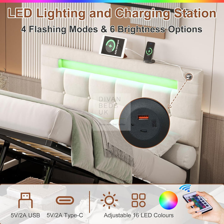 Campania LED Beige Ottoman Storage Bed with Bluetooth Speakers, USB & Type-C Ports - Copy