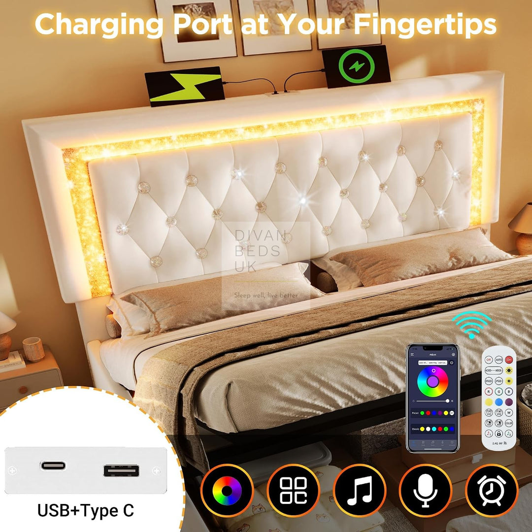 Adela Beige Velvet Diamante Crystal Bed Ottoman Storage Smart Bed with Glitter LED Lights, USB and Type-C Charging